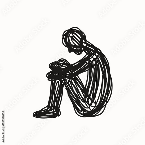 A black line drawing of a person sitting on the ground with their head down