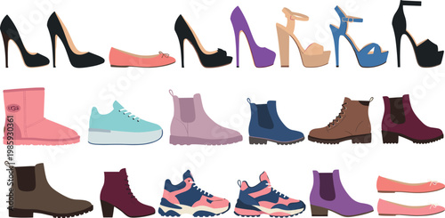 Women shoes vector collection with heels boots sneakers flats and stylish footwear fashion illustration set