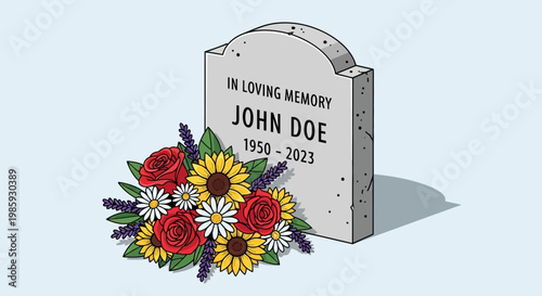 Illustration of a memorial headstone with flowers on Confederate Memorial Day