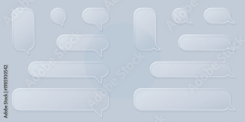 Glass effect speech bubble set ith glossy liquid texture. Modern 3D chat icon for digital communication apps with realistic crystal-like speech design.