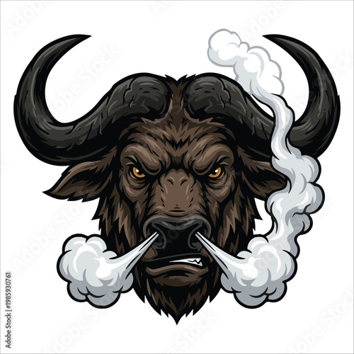 Aggressive bull or buffalo head illustration, fiercely snorting smoke, symbolizing raw power, untamed strength, and determination, ideal for a bold mascot design