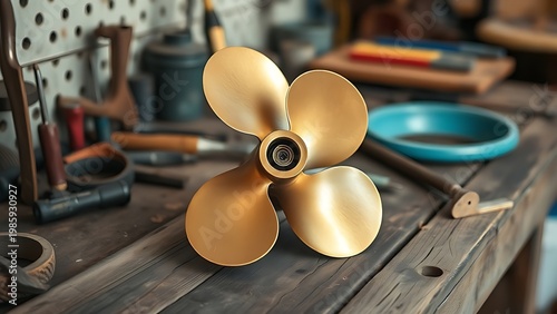 Bronze outboard motor propeller on a worn wooden workbench.