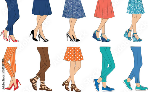 Women legs and fashion outfits vector set with skirts pants heels sandals and stylish clothing illustration collection
