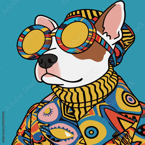 Stylish Dog with Bold Geometric Patterns and Sunglasses