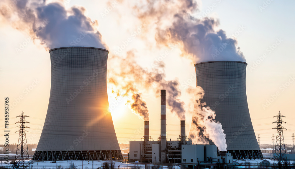 Naklejka premium Two cooling towers release steam in a nuclear power plant setting. The power plant towers stand against a sunset, casting shadows while emitting steam into the air.