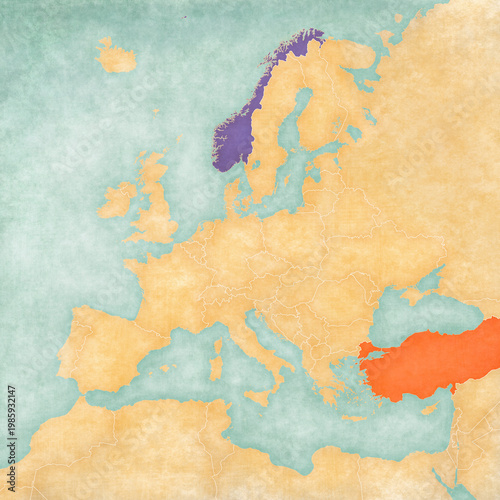 Canvas Print Map of Europe - Norway and Turkey