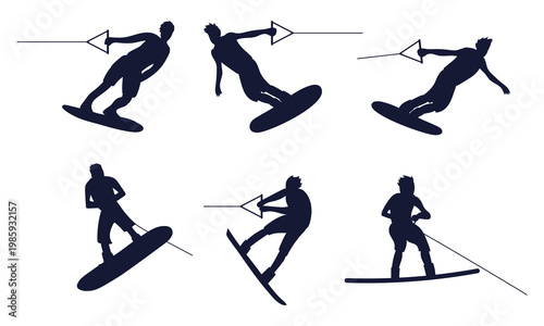 Silhouette Wakeboarders Riding Tow Rope Handles Water Sports Action Poses Set