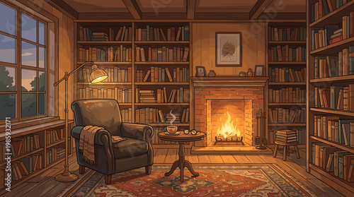 Cozy reading corner with armchair, bookshelves, and fireplace in a warm wooden room during evening light
