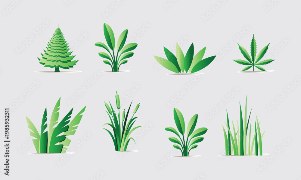 Fototapeta premium Green Plant Icons Set - Vector Leaves, Grass, Tree and Foliage Illustrations for Nature Design 