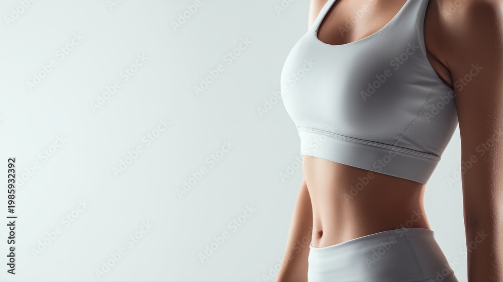 Fototapeta premium 引き締まった女性の腹部と胸元のアップ。健康やフィットネスのイメージに最適な素材。