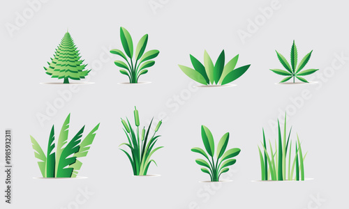 Green Plant Icons Set - Vector Leaves, Grass, Tree and Foliage Illustrations for Nature Design
