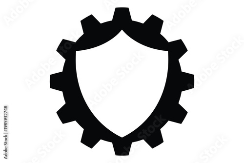 Black and white cog shield icon a symbol of protection and mechanical strength
