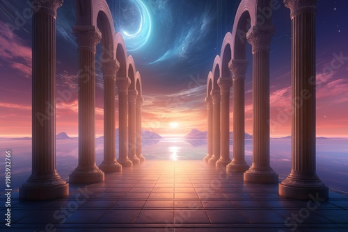 Classical columns forming an arched walkway above water, gazing towards a colorful sunrise and celestial sky