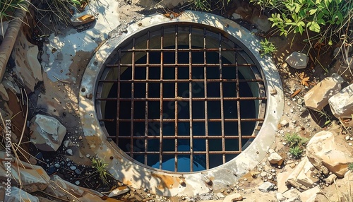 A round metal grate covers a dark opening surrounded by rocks
