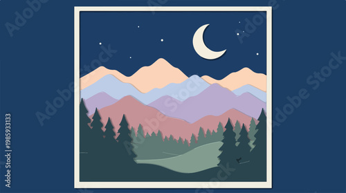 Night Mountain Landscape with Moon.