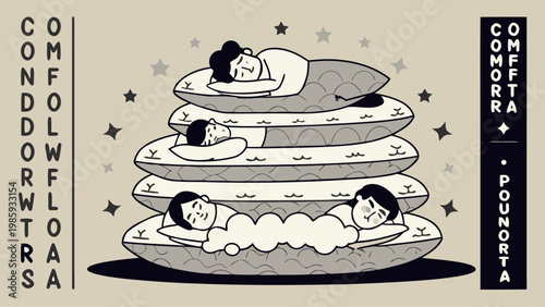Cartoon people sleeping on stacked pillows comfort and rest concept black and white vector illustration