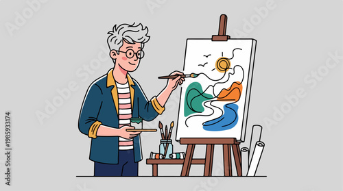 Older man painting on canvas.