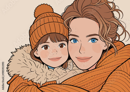 Mother and Daughter in Matching Orange Winter Outfits