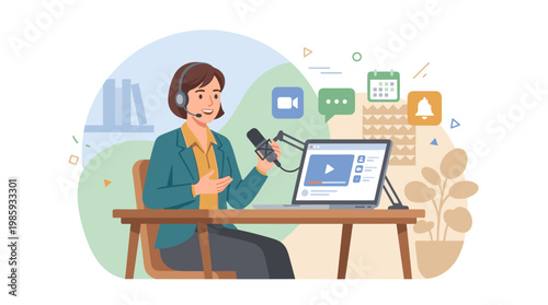 Female podcaster recording podcast with microphone at desk.