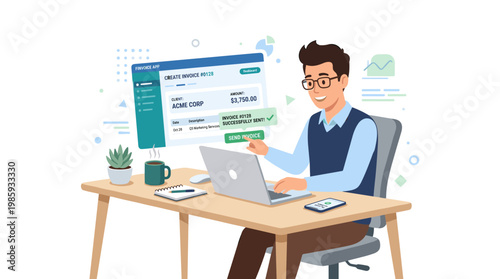 Professional man at desk using laptop in office illustration.