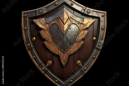 Ornate wooden shield featuring metal and gold elements on a dark background