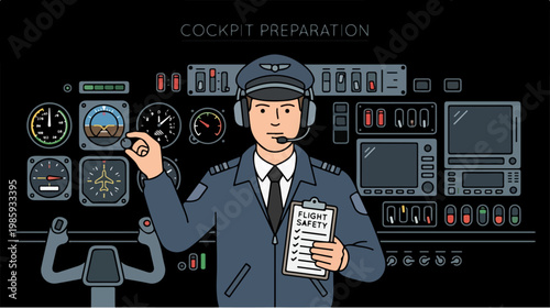 Pilot in cockpit preparing flight.