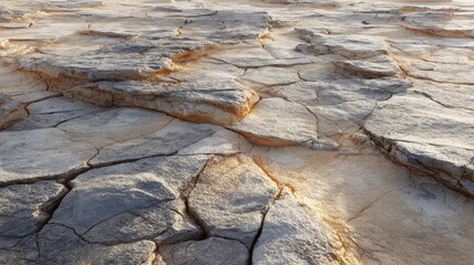 Detailed closeup of cracked, weathered sedimentary rock formation. Sunlight casts shadows, highlighting textures