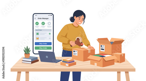 Person Packing Boxes Using Smartphone App At Work.