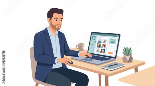 Businessman At Desk Working On Laptop In Office.