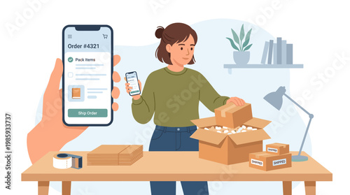 Woman packing boxes at desk using smartphone.