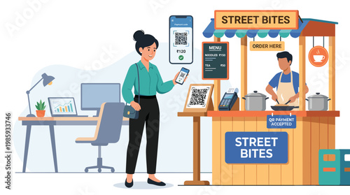 Street food vendor at bustling stall serving customers.