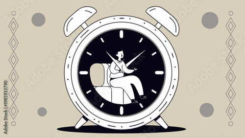 Person sitting on clock face with chair black and white vector illustration time concept waiting or procrastination theme beige background with gray dots