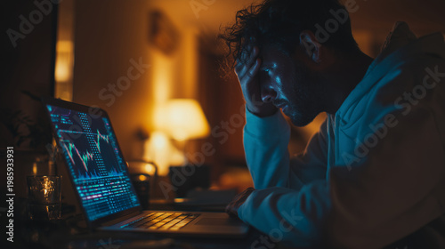 Tablou pe pânză Man anxiously tracking Ethereum price crash on laptop ,hard work at night with p