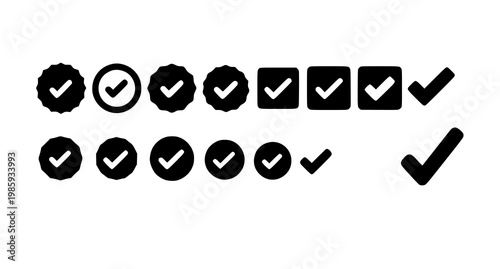 Black check mark glyph icons in circle and square shapes for ui validation and confirmation symbol vector pack