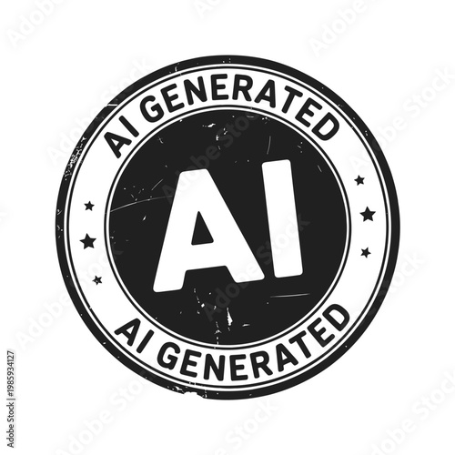 A circular black and white stamp displaying ai generated with stars