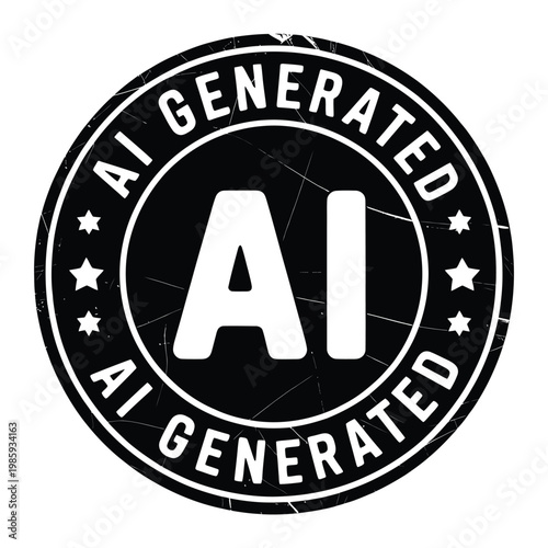 A circular black and white stamp declaring ai generated with star accents