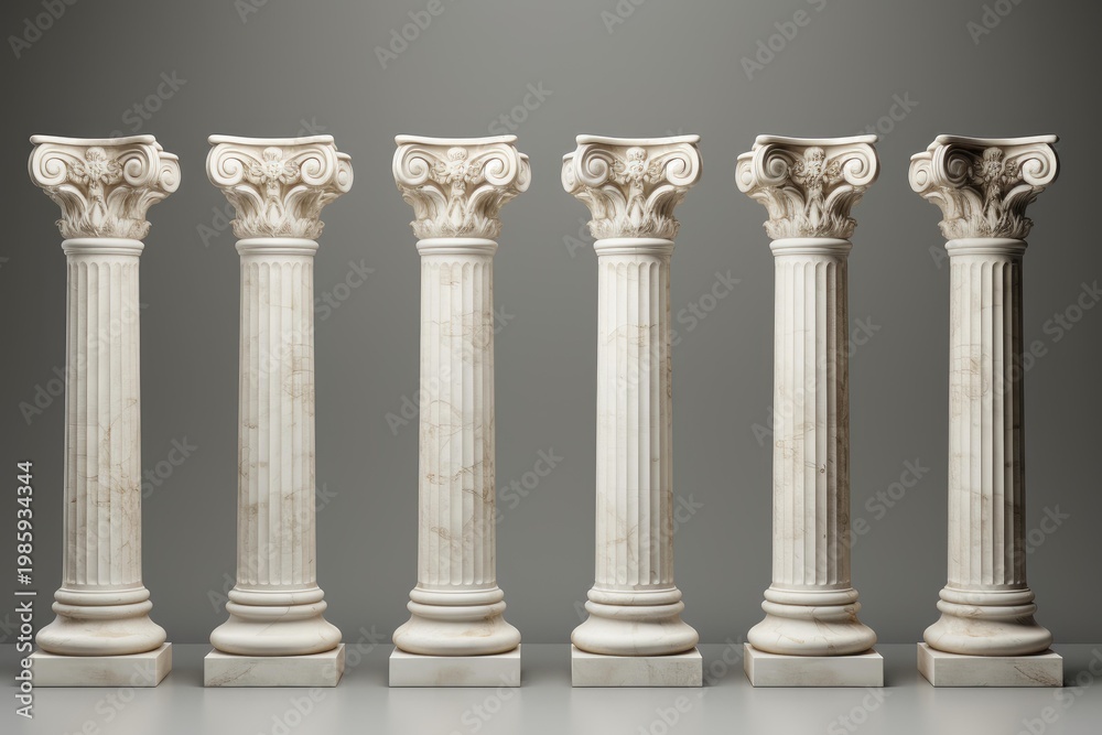 Fototapeta premium Six ancient greek columns featuring intricate capitals, representing strength, history, and classical architecture