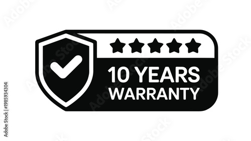 Black shield icon displaying a ten year warranty with five stars