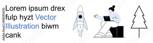 Technology, creativity, education, nature, exploration, startup ideas. Rocket, seated woman with laptop and tree in simple style. Technology and creativity portrayed symbolically