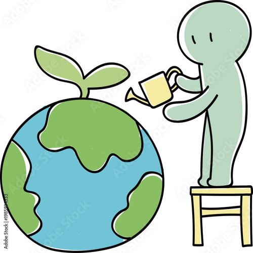 Character Standing on Stool Watering Giant Plant on Earth