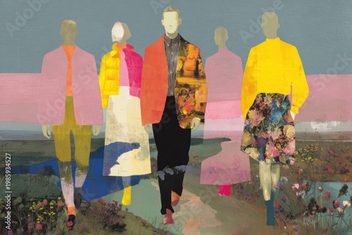 Fashion models walking on runway with colorful clothing and floral patterns, abstract background with artistic style and modern design for fashion show concept.