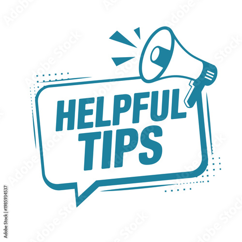 A teal megaphone graphic announces helpful tips within a speech bubble frame
