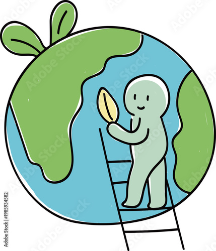 Person Cleaning Earth Globe on Ladder for Global Environmental Maintenance