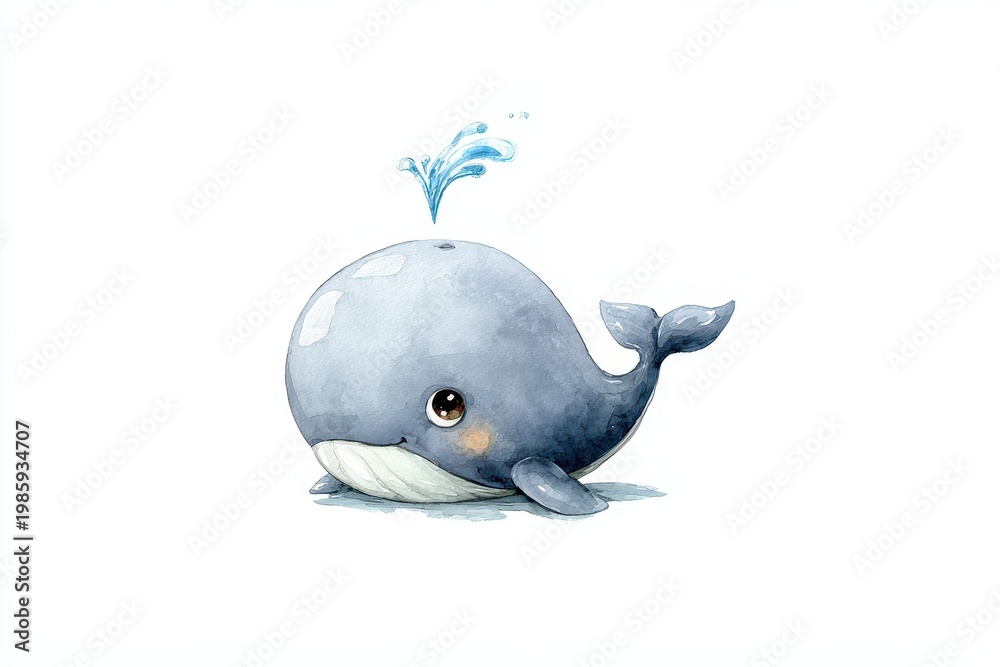 Fototapeta premium Whimsical whale illustration for kids, rounded shapes, clean white backdrop