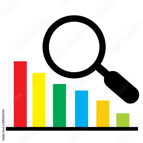 Colorful Bar Chart with Magnifying Glass Analyzing Statistic Icon