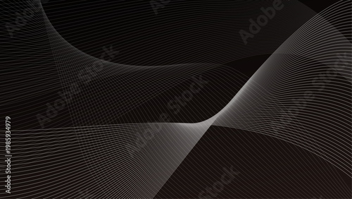 黒のグラデーション背景に流れる抽象的な波状ラインデザイン