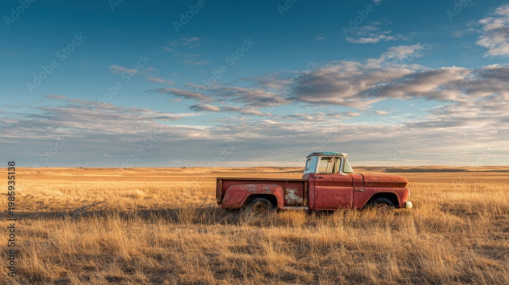 Fototapeta premium Vintage farm truck resting in a stubble field amid wide open space
