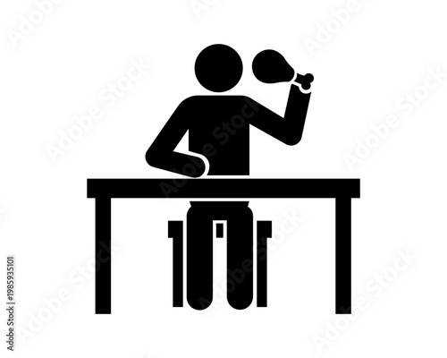 Person Eating Fried Chicken Icon – Fast Food Meal Stickman Silhouette Vector.