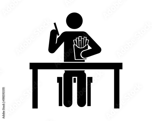 Person Eating French Fries Icon – Fast Food Snack Stickman Silhouette Vector.