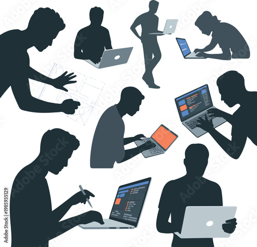 Set of Professional Silhouettes Working on Laptops, Coding, and Graphic Design